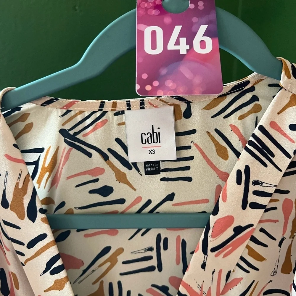 CABi Marni Blouse Abstract Brush Print ivory, navy, mustard, & coral. NWOT #046